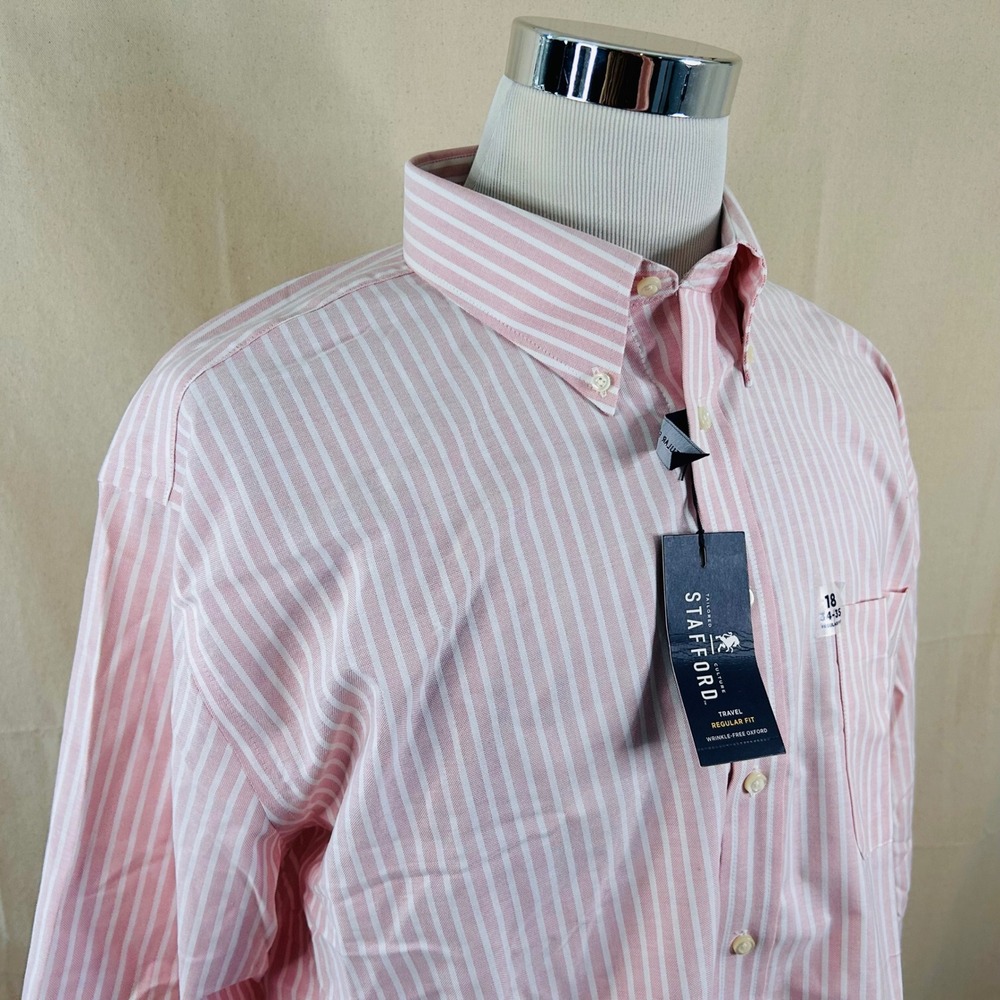 NEW Stafford 18 34/35 Regular Fit Oxford Dress Shirt Pink Striped Cotton Blend